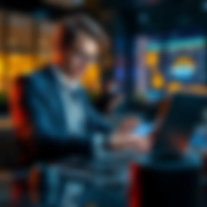 A businessman making a payment with USDC on a laptop, showing a digital wallet app and cryptocurrency symbols.