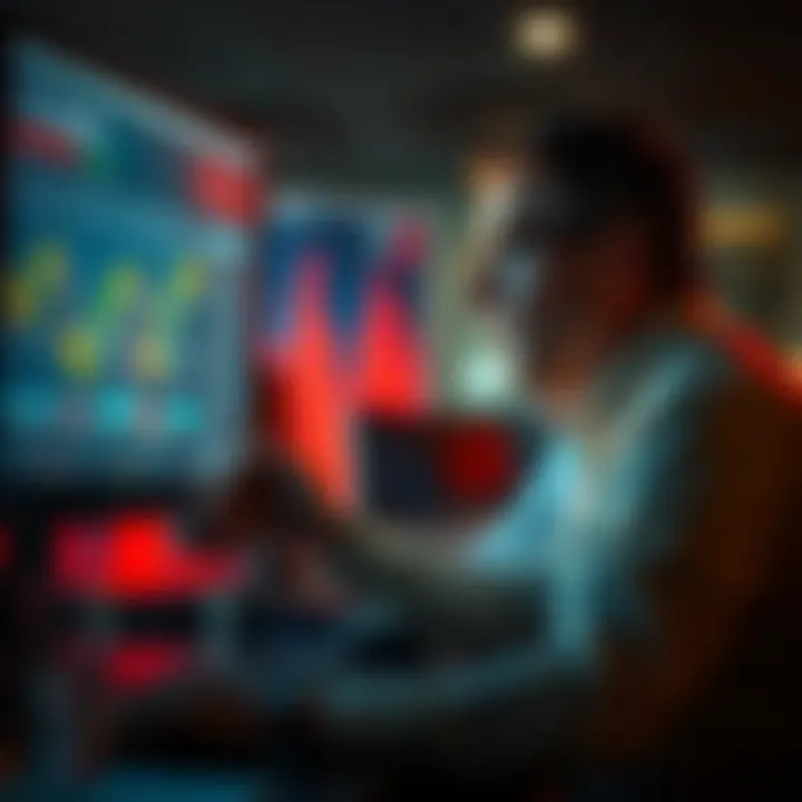 A businessman looking at financial graphs and charts on a computer screen, concerned about market volatility and financial obligations.