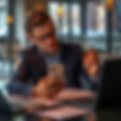 A businessman checks his Revolut app on a smartphone while sitting at a desk with a laptop and paperwork.