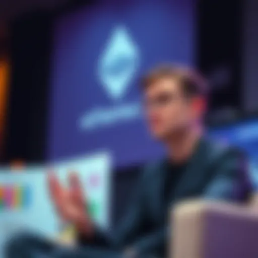 Vitalik Buterin discussing a proposal to lower Ethereum gas limit at a conference