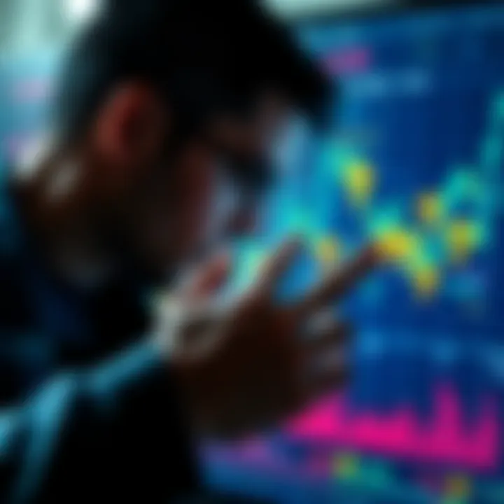 A person examining a digital currency chart with question marks around Buttcoin and other currencies, symbolizing scrutiny and evaluation.