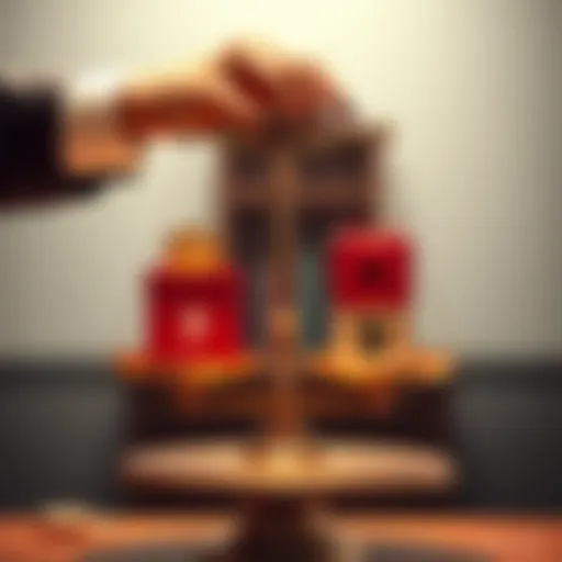 A person weighing a gold coin and a charity donation box on a scale, showing a preference for wealth over charitable giving.