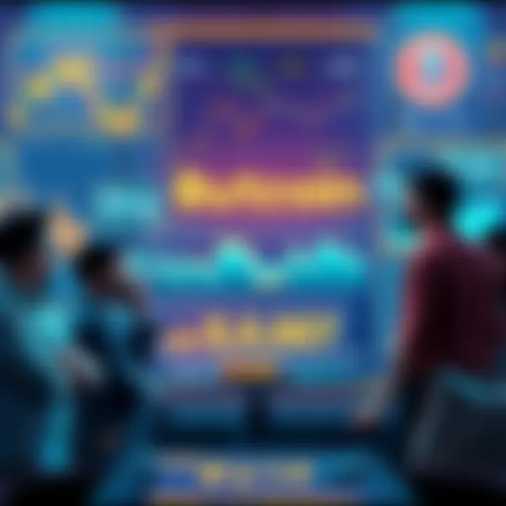 A group of people talking about Buttcoin investments with charts and graphs on display, showing fluctuating values.