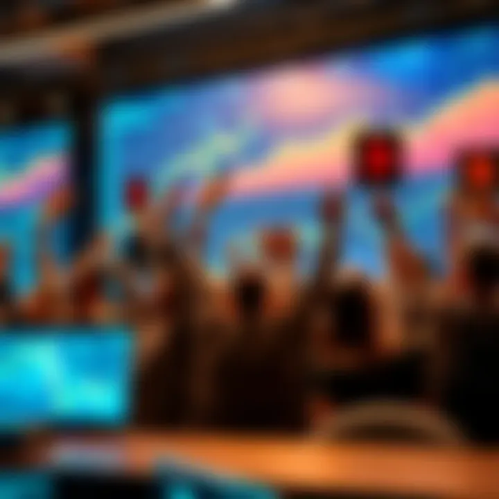 A group of people cheering and holding up signs about Buttcoin profits, with a stock market screen showing upward trends in the background