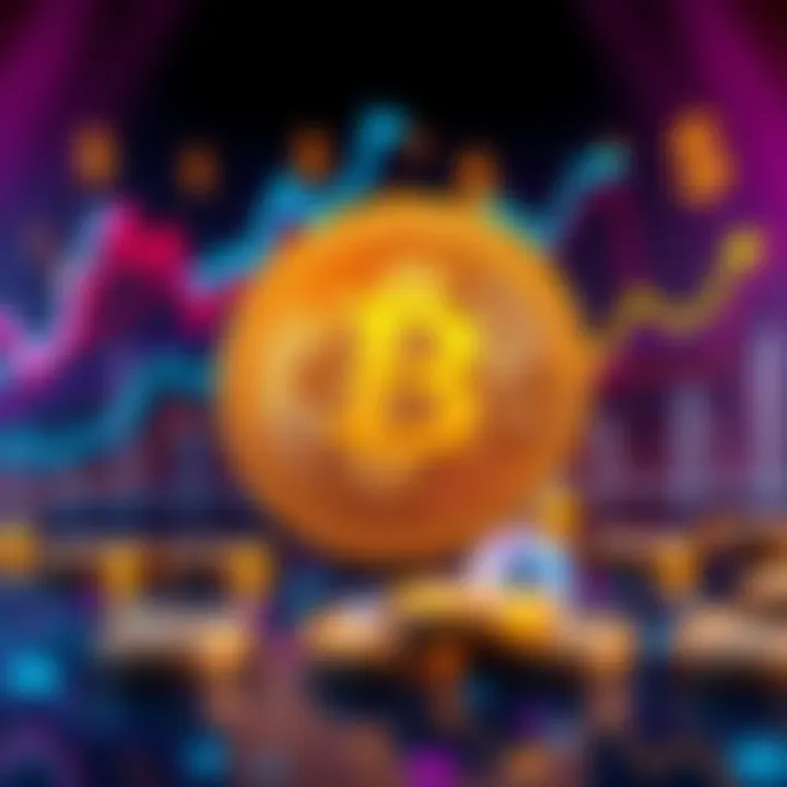 A chart showing the ups and downs of Buttcoin's value against a backdrop of economic symbols like dollar signs and charts