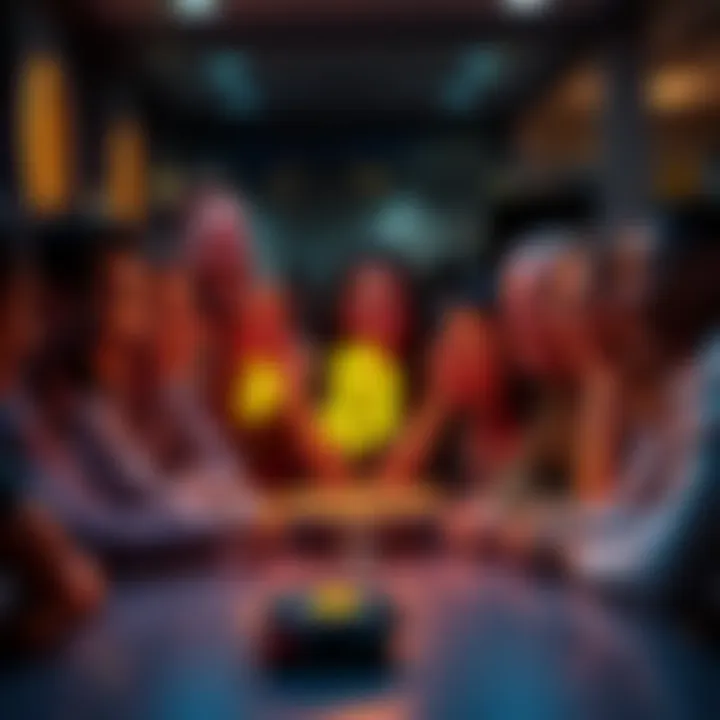 A group of people laughing around a table with cryptocurrency symbols, sharing humorous ideas about living conditions.