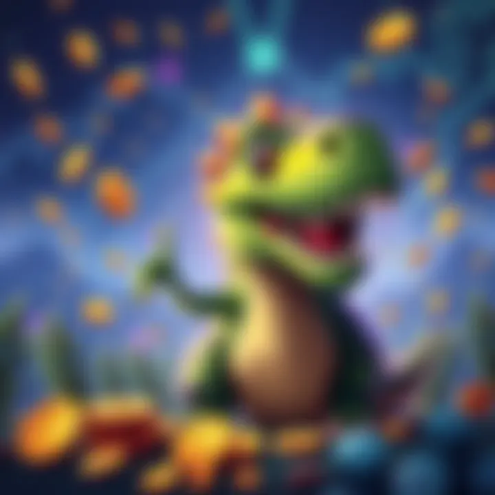 A cartoon dinosaur named Buttcoinosaurus passionately urging people to invest, with dollar signs and coins around it, symbolizing financial growth and opportunity.