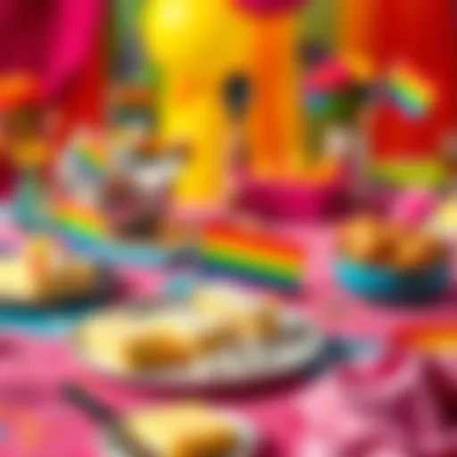Colorful butter spreads shaped like rainbow flags on a vibrant table, featuring colorful decorations and cooking utensils for Pride Month celebration