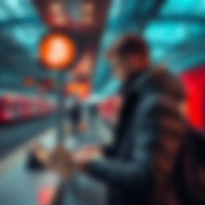 A person purchasing Bitcoin using cash at a train station in Switzerland, with a Bitcoin logo visible nearby.