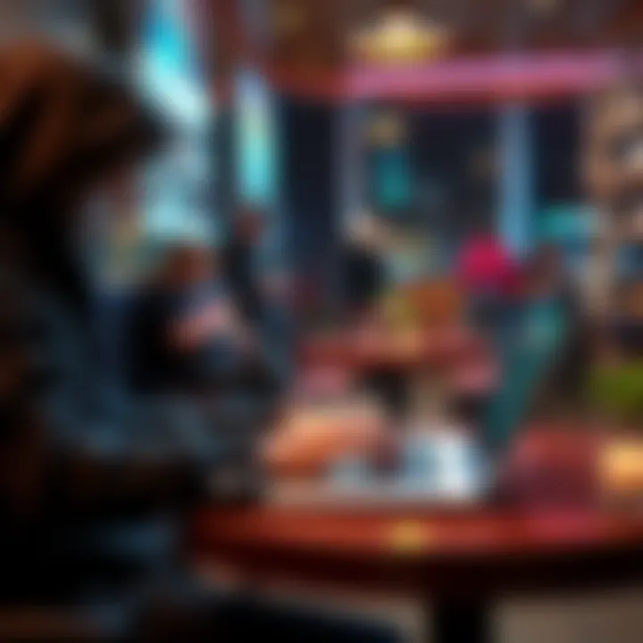 A person using a laptop at a cafe, researching ways to buy cryptocurrency without verification