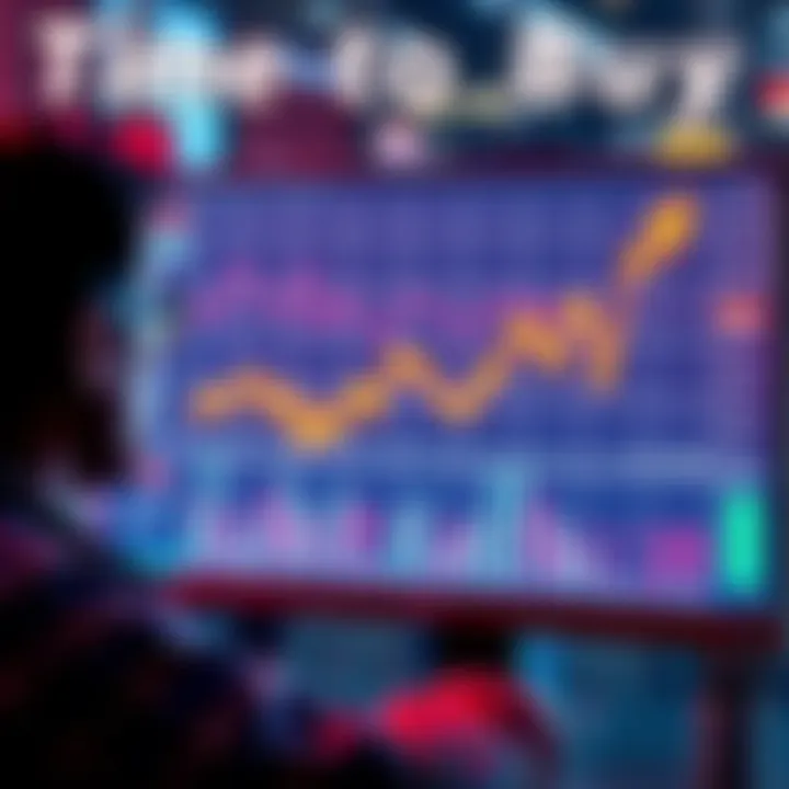 A graph showing declining prices, with a person looking at a computer screen contemplating a purchase.