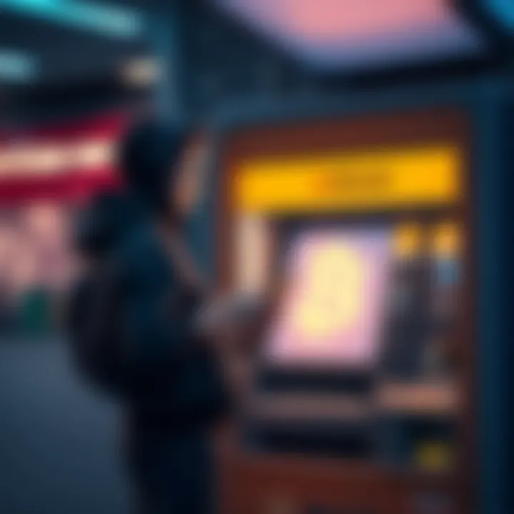 A person standing at a Bitcoin vending machine looking frustrated while holding their phone and wallet