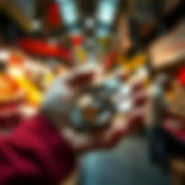 A person holding a handful of rare coins found at a market.