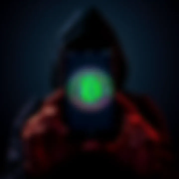 A person holding a smartphone displaying a Bitcoin symbol while staying hidden in a shadowy setting, representing privacy in cryptocurrency transactions.
