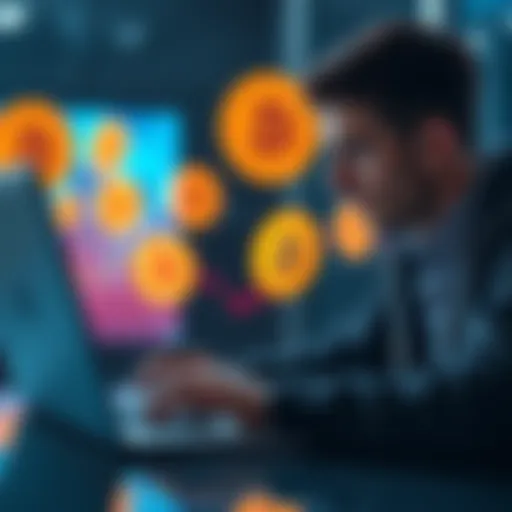 A person selecting a cryptocurrency broker on a laptop, focused on low fees and future product access, with Bitcoin symbols in the background.