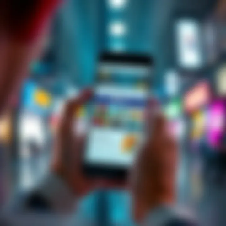 A person holding a smartphone displaying low-priced NFTs for sale, excited about purchasing digital art