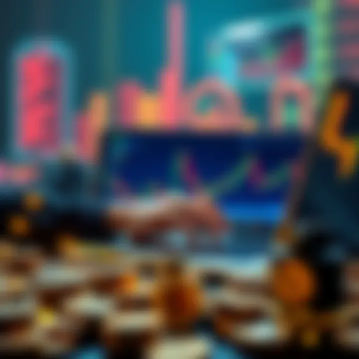 A person analyzing cryptocurrency charts on a laptop with digital coins surrounding them