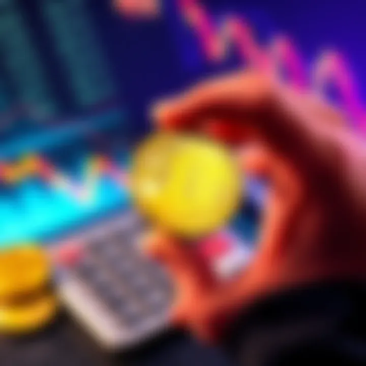A person holding a Bitcoin symbol with a calculator and financial graphs in the background, representing long-term investment strategies.