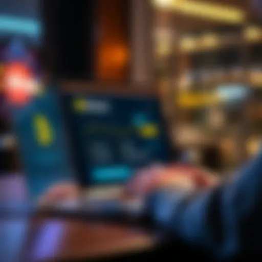 A person using a laptop to purchase Bitcoin on a platform, showing a digital wallet and Bitcoin symbol. The screen displays low fees and security options.