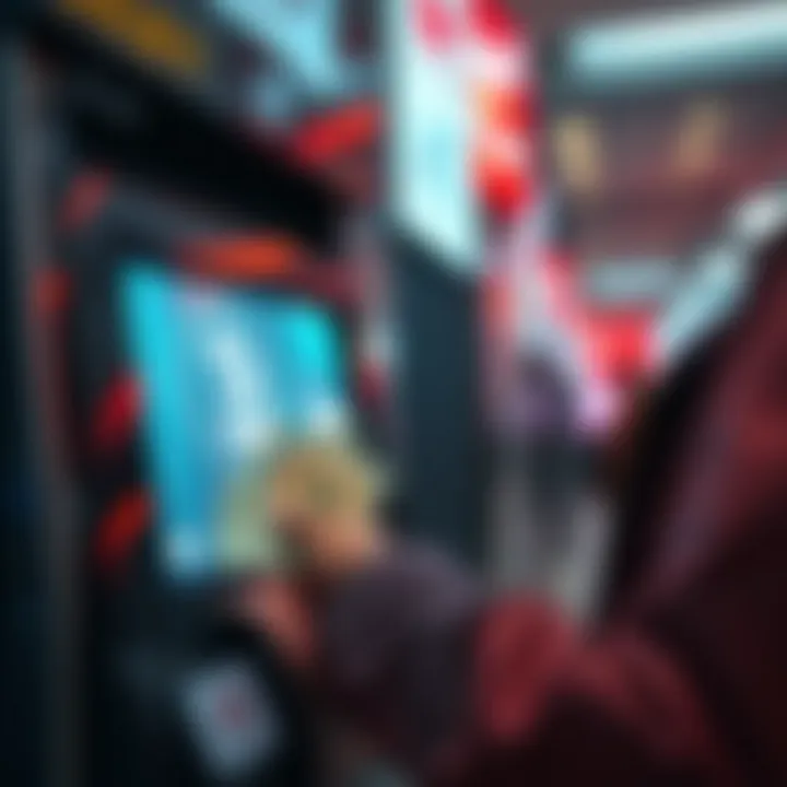 A person exchanging cash for Bitcoin at a kiosk, showing a Bitcoin symbol on the screen, representing privacy in transactions.