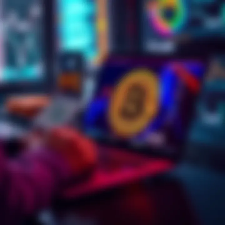 A person using a laptop to purchase Bitcoin at a user-friendly platform, with dollar bills and a Bitcoin symbol displayed on the screen.