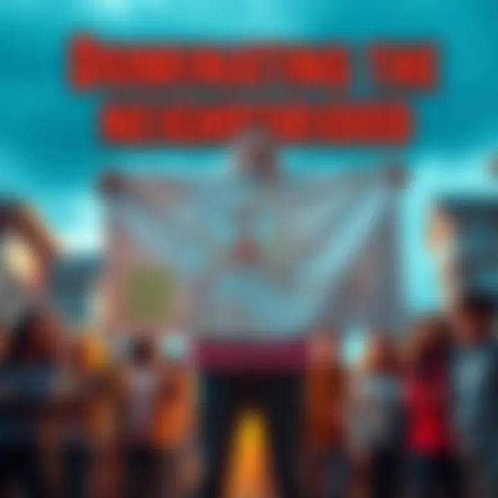 A determined individual stands with a map of a neighborhood, symbolizing the plan to buy the entire area, surrounded by excited neighbors