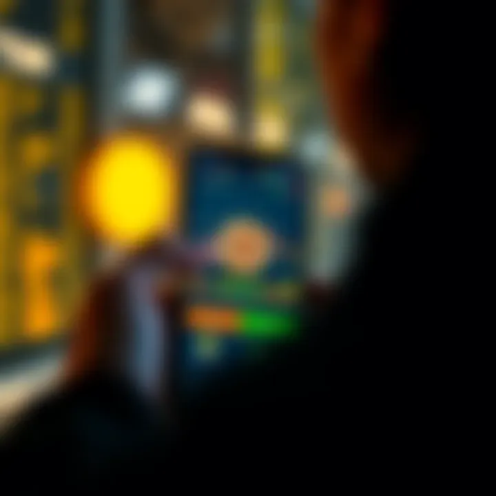 A person using a smartphone app to buy and sell Bitcoin, showing a chart of BTC prices on the screen.