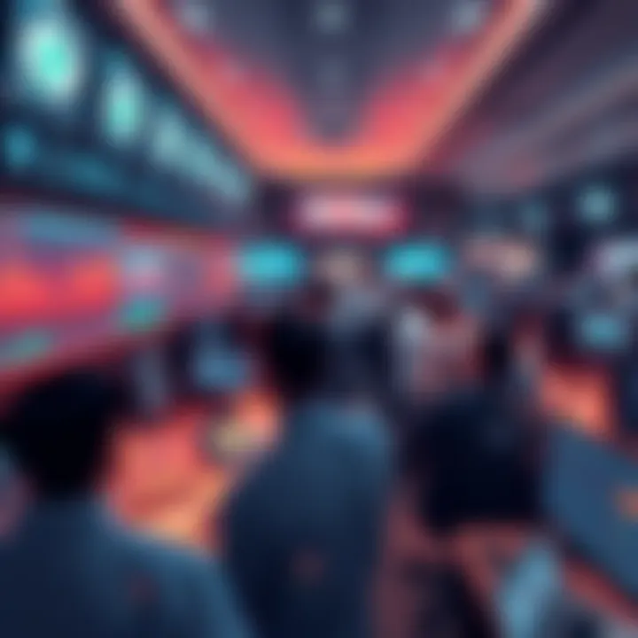 A bustling crypto trading floor with people excitedly monitoring screens showing rising charts, symbolizing Bybit's recovery after a hack.