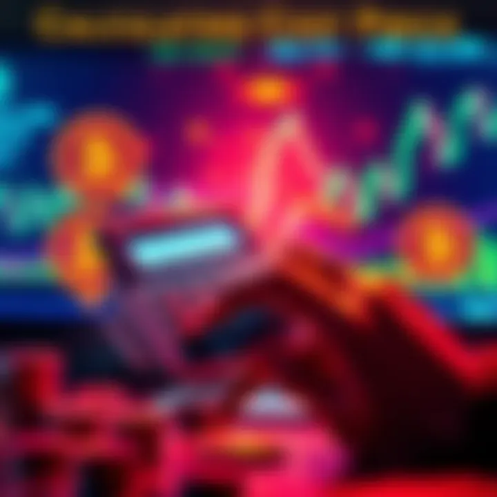 A person using a calculator to track Solana investment costs, surrounded by cryptocurrency symbols and charts.