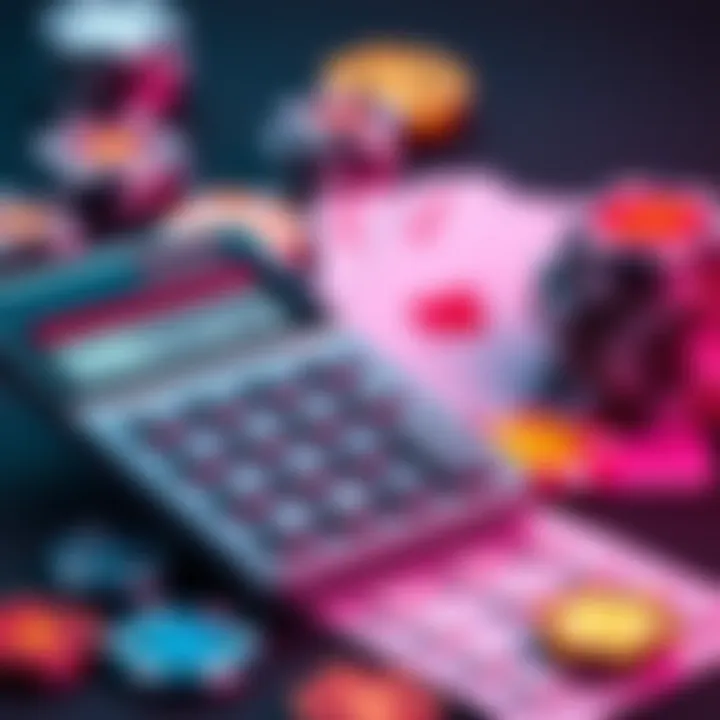 A calculator beside poker chips and cryptocurrency symbols, showing costs related to gambling transactions