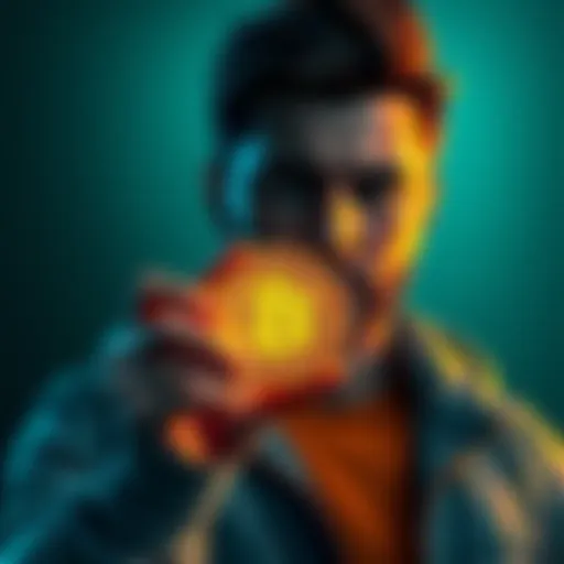 A calm person holding a cryptocurrency coin with a steady expression, symbolizing patience in a turbulent market