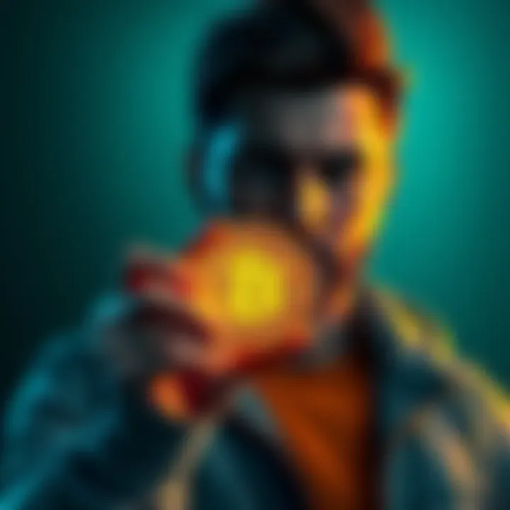 A calm person holding a cryptocurrency coin with a steady expression, symbolizing patience in a turbulent market