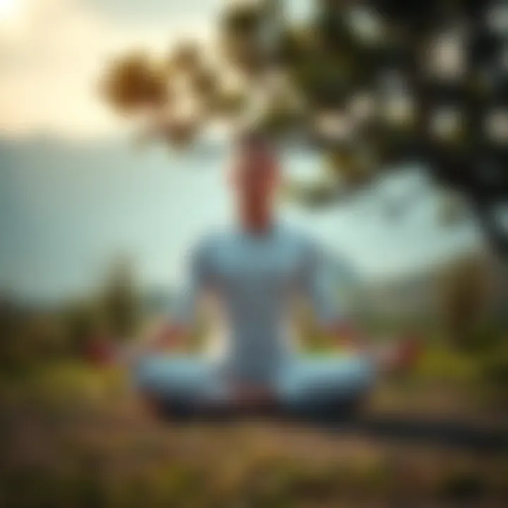 A person sitting cross-legged, meditating peacefully in a serene outdoor setting, surrounded by nature.