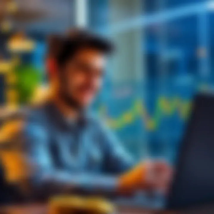Calm Investor with Bitcoin A confident person smiling while looking at a Bitcoin chart on a laptop, representing calmness amid market swings.