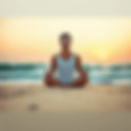 Calm Person Meditating A person sitting cross-legged on a serene beach, meditating with hands on knees and eyes closed, surrounded by gentle waves and soft sand.