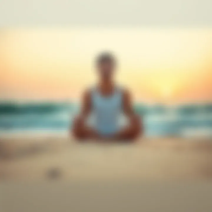 Calm Person Meditating A person sitting cross-legged on a serene beach, meditating with hands on knees and eyes closed, surrounded by gentle waves and soft sand.