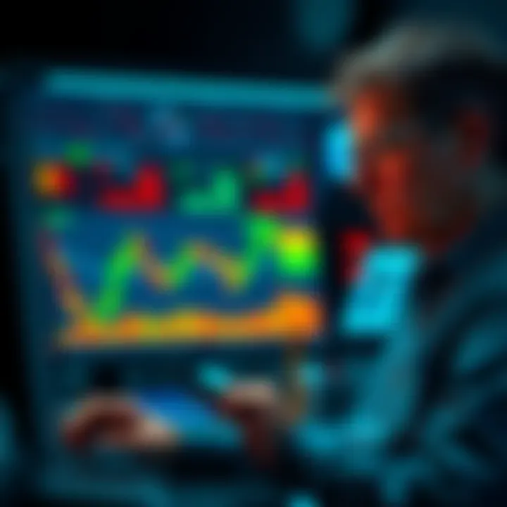 A focused trader calmly studies a chart showing a recent BTC price drop, considering options to borrow against assets instead of selling.