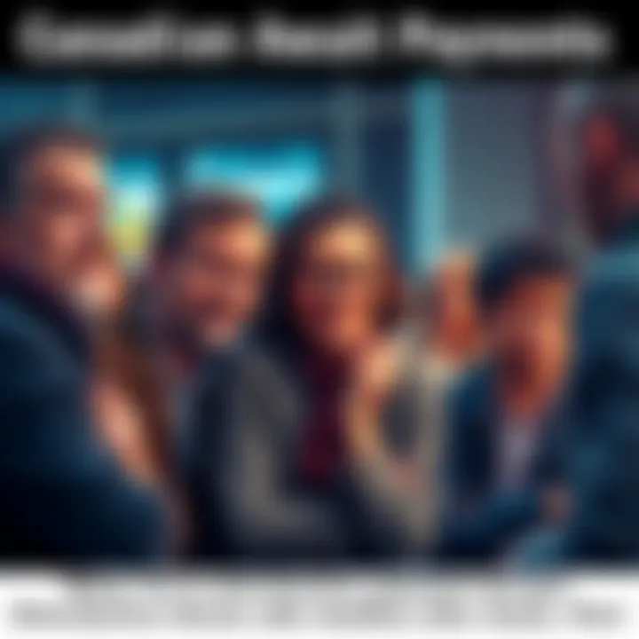 Frustrated Canadians Await Payments A group of Canadians discussing their distribution payment delays, showcasing expressions of concern and hope.