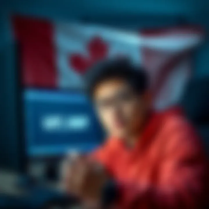 A Canadian person looking frustrated while trying to access USDT in their Binance wallet on a computer, with a Canadian flag in the background.