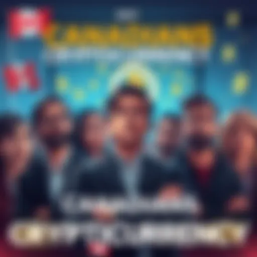 Canadians Avoiding Cryptocurrency A group of Canadians discussing cryptocurrency concerns, some looking worried while others express confusion, surrounded by symbols of blockchain and dollar signs