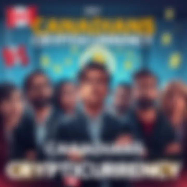 Canadians Avoiding Cryptocurrency A group of Canadians discussing cryptocurrency concerns, some looking worried while others express confusion, surrounded by symbols of blockchain and dollar signs