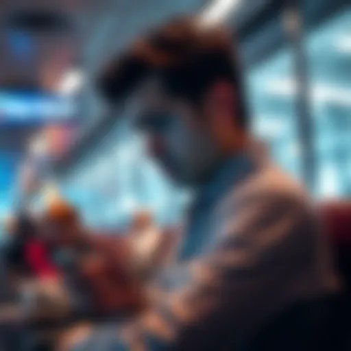 Individual looking at a phone with a confused expression about REVOLUT Metal plan cancellation while sitting in an airport lounge