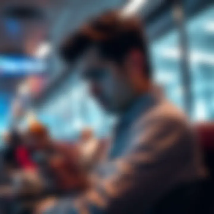 Individual looking at a phone with a confused expression about REVOLUT Metal plan cancellation while sitting in an airport lounge