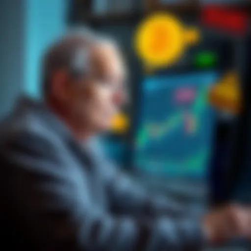 A cancer patient looking at a cryptocurrency chart on a computer screen, expressing frustration and hope, surrounded by meme coin symbols and scam warnings.