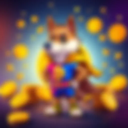 A colorful cartoon character representing Captain Dogecoin with a cape, standing proudly with a Dogecoin symbol in the background, surrounded by cryptocurrency icons