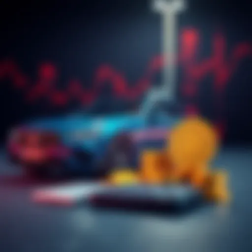 A car parked next to various cryptocurrency coins and a calculator, representing payment options and taxes.