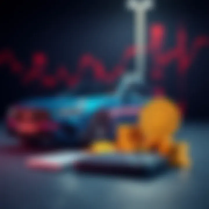 A car parked next to various cryptocurrency coins and a calculator, representing payment options and taxes.