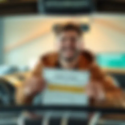 A person smiling while holding a winning bid confirmation for a car auction