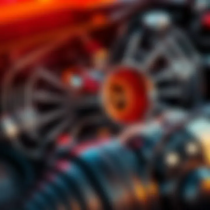 Close-up of a revving car engine with exhaust sound waves illustrated around it, captivating car enthusiasts.