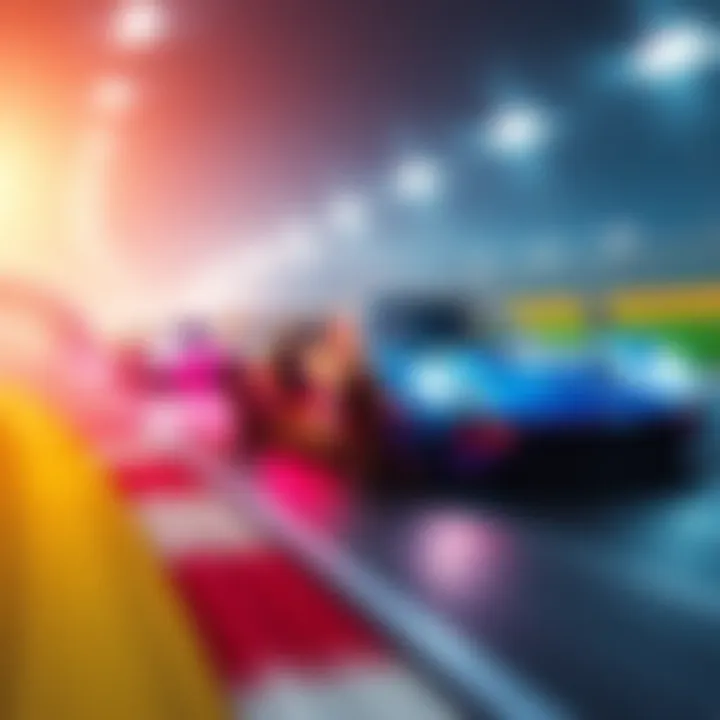 A vibrant scene of a racing game with cars speeding on a colorful track, showcasing excitement and competition.